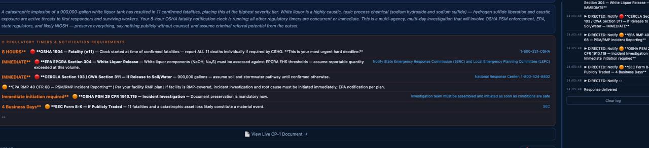 Regulatory timer stack with six-clock sequence and incident log