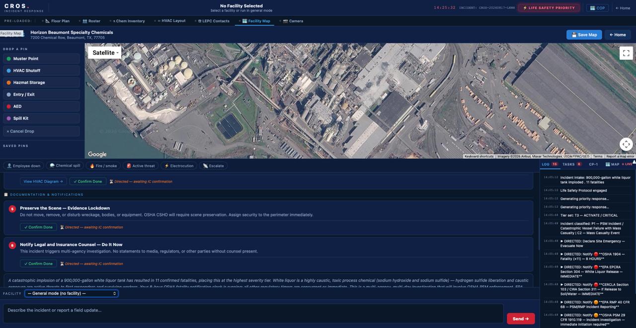 Facility map with satellite imagery and incident log running simultaneously